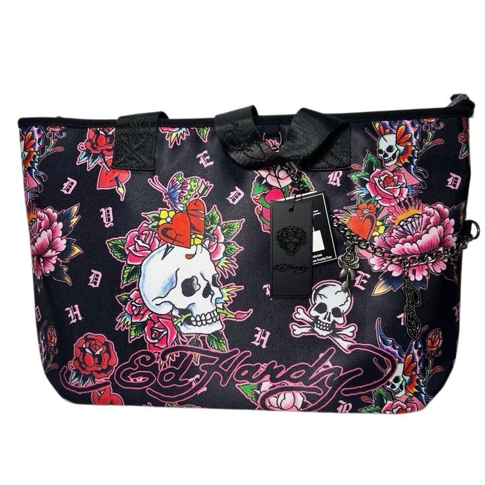 NWT Y2K Ed Hardy Tattoo Graphic Print Canvas Tote Black Pink Skull Floral Travel